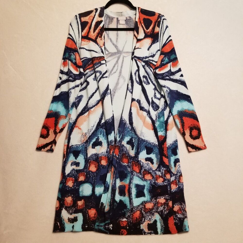 Chicos 1 (Med) Cardigan Butterfly Print Open Front Long Line Lightweight Boho